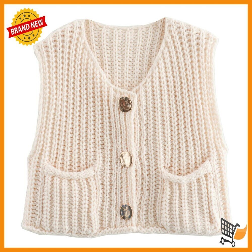 Sleeveless Cropped Knit Cardigan with Pockets, Chunky Button Down Vest